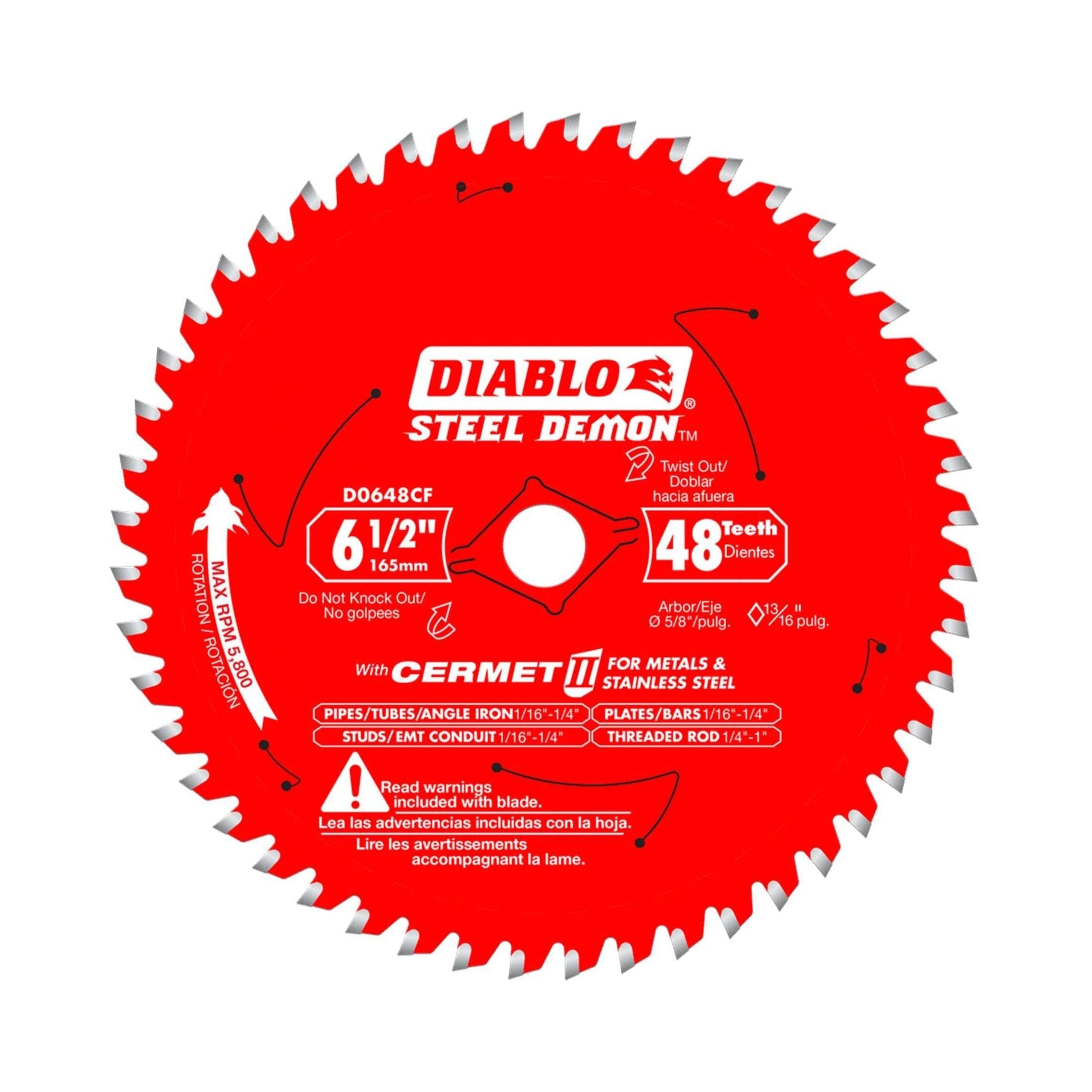 The Diablo DIABLO D0648CFA Steel Demon™ 6-1/2 in. x 48-Teeth saw blade, red with white and black text, is expertly engineered for metal cutting and stainless steels. It features Cermet II technology with key specifications and warnings printed on the blade.